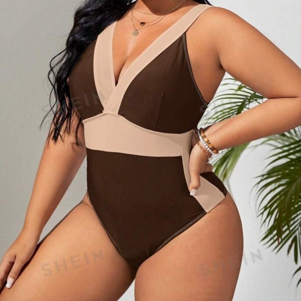 Plus Size Summer Brown and Beige plunge Neck One-Piece Swimsuit Size 12